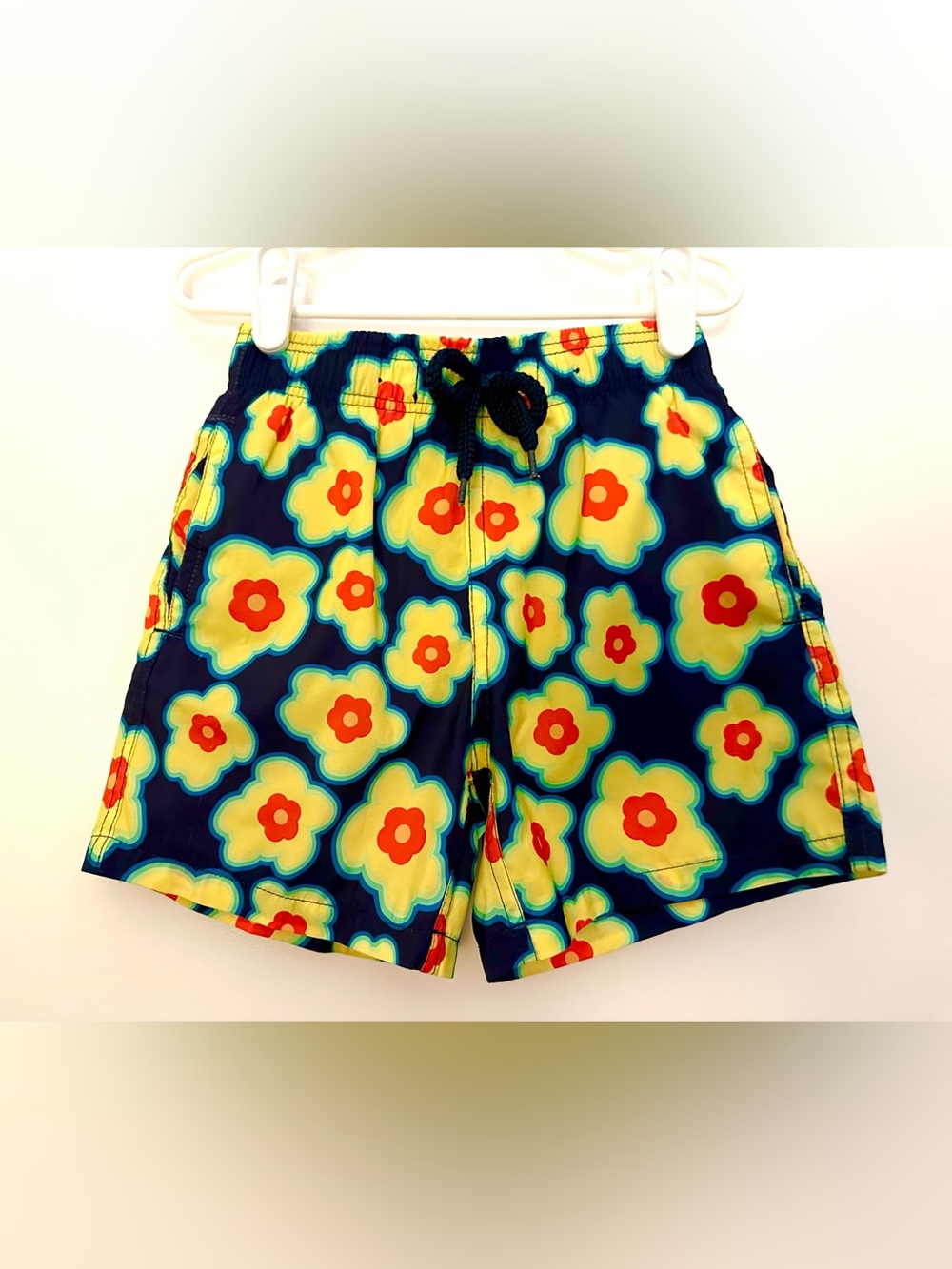 Vilebrequin Navy Swim Trunks with Yellow, Red & Teal Floral Print